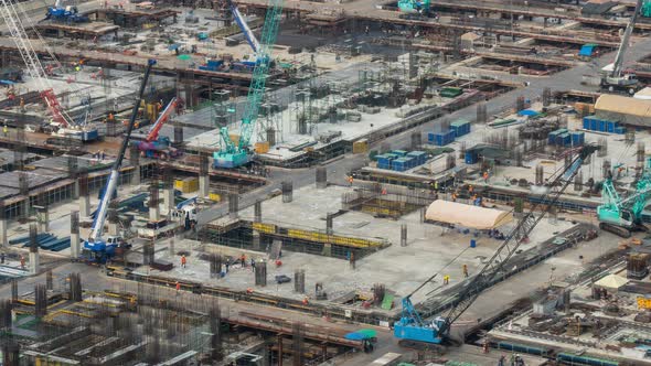 Time Lapse of Construction Site with Heavy Construction Machinery in Metropolis