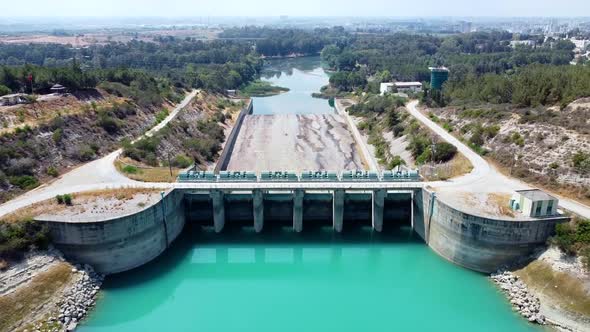 Aerial View of Water Reservoir and Closed Reservoir Locks of a Dam