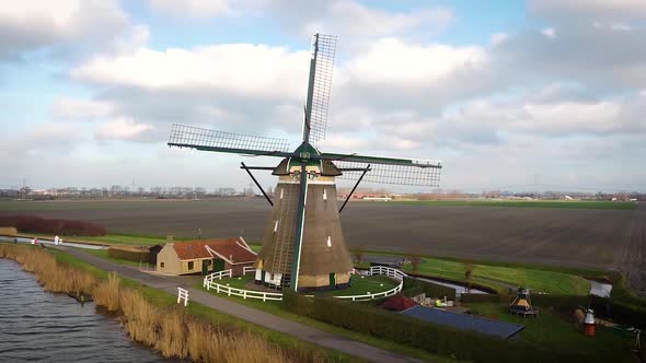 Aerial Drone Shot of a Windmill in the Netherlands