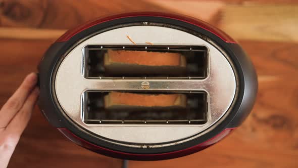 Sliding sliced white bread inside a toaster on kitchen table breakfast. Preparation of morning meal