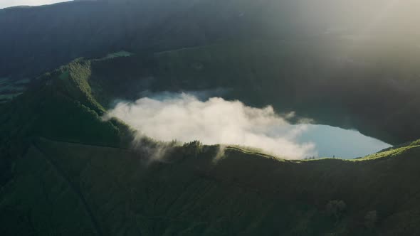 Sun Lights Shining Over Amazing Lake Azul in Volcanic Crater Azores