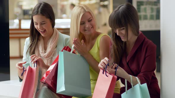 Shopaholism, Emotional Company Female Brag About New Shopping From Fashion Stores in Season of Sales