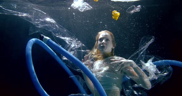 Afraid Girl with Long Loose Hair Swims Among Plastic Rubbish