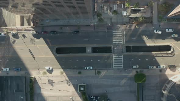 AERIAL: Slow Uplifting Birds Eye View Flight Over Downtown Los Angeles California Grand Avenue in