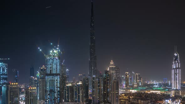 Dubai Downtown Cityscape with Burj Khalifa LightUp Light Show Aerial Timelapse
