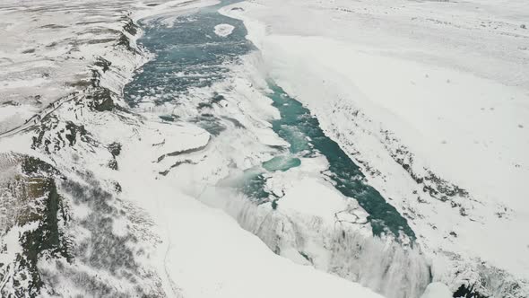 View of Frozen Iconic Gullfoss Waterfall in Iceland