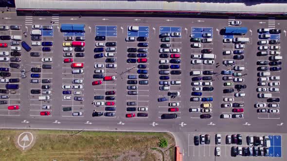 Aerial Top View From Drone of Parking Lot Cars of the Business Center