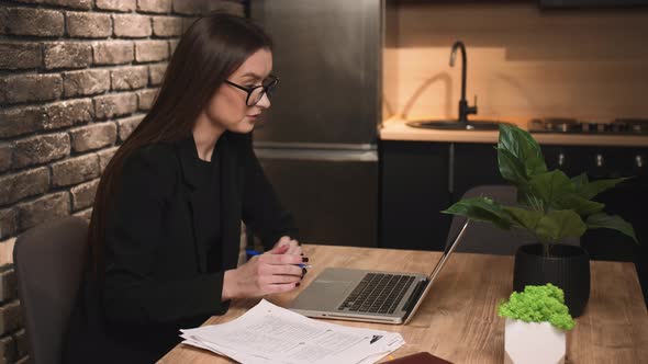 Woman in Glasses Working with Laptop Online Distance Education Video Call Conference