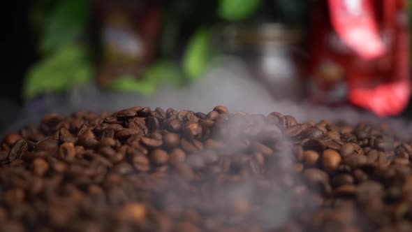 Slow Motion Coffee Beans Are Roasted on a Frying Pan, Smoke Comes From Coffee Beans. Nice Background