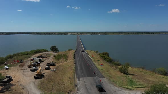 Long bridge over a lake.