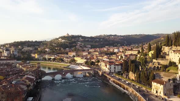 Aerial View of Famous Touristic City Verona in Italy at Sunset.