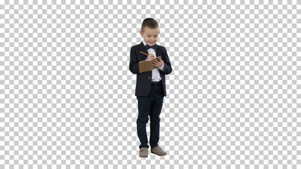 Boy in a formal clothes writing in check, Alpha Channel