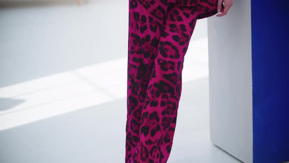 Young Beautiful Model Woman in Pink Leopard Suit Posing at Photoshoot