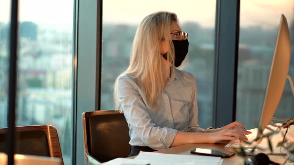 Distance Working Webcam. Businesswoman In Mask Protection Epidemic Coronavirus Covid19.