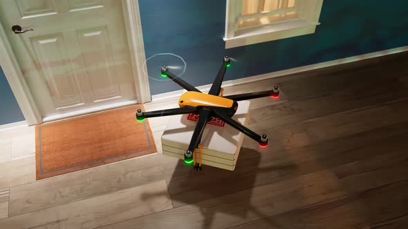 Hexacopter drone delivering ordered pizza directly to the door. Render 4k