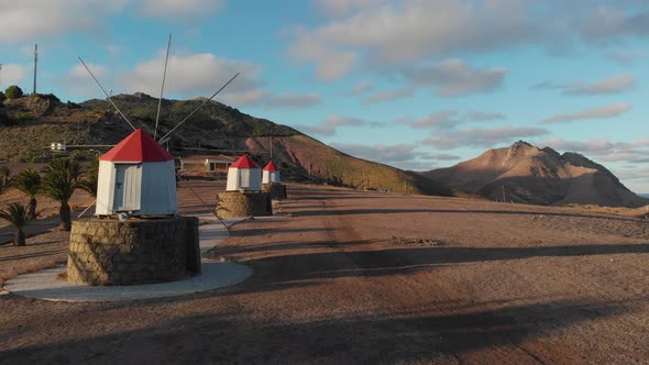 Characteristic red and white windmills in Porto Santo. Ground level forward