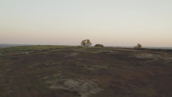 Sunset over Clarry Hill, Maine aerial towards single tree