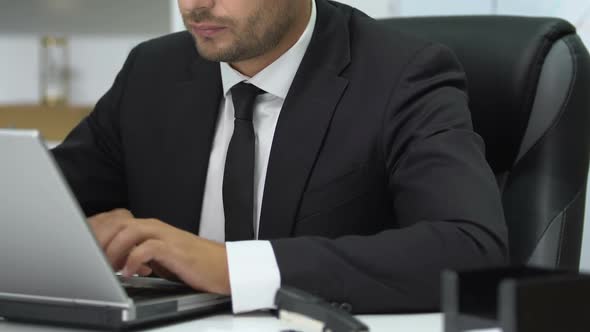 Male Manager in Suit Working Laptop at Office, Responsible Well-Paid Job