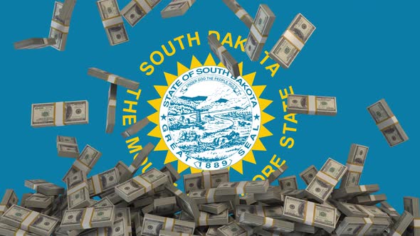 US Dollars falling in front of South Dakota State Flag