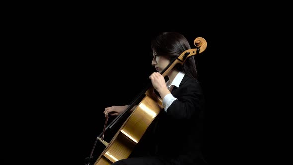 Female Hand Plays with a Bow on a Cello in Dark Studio . Black Background. Side View