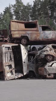 Vertical Video of a Dump of Destroyed Cars During the War in Ukraine