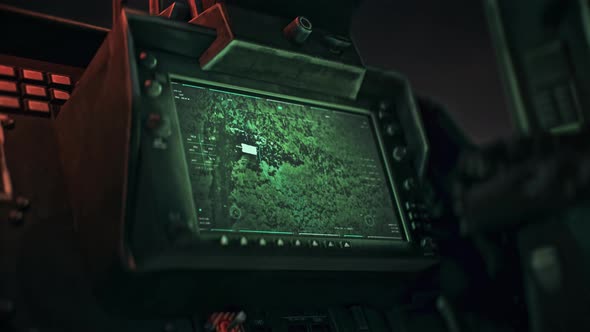 Night Vision Helicopter Gun Aiming At Armored Vehicle In Military Warzone alt