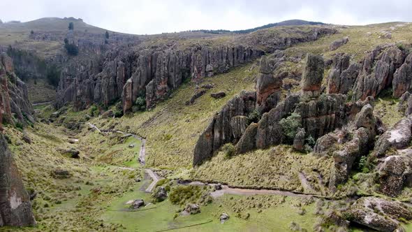 Trail At The Foot Of Santa Apolonia Hill With Stone Forest In Cumbemayo At Cajamarca, Peru. aerial