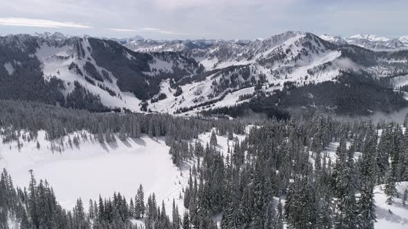 Aerial Of Pacific Northwest Winter Ski Resort Stevens Pass From Skyline Lake