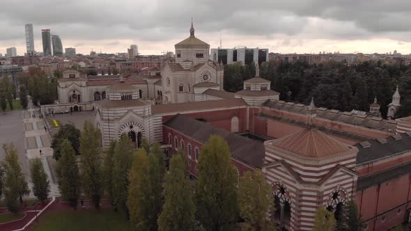 Aerial orbit shot of Monument Cemetery (Cimitero Monumentale) in Milan