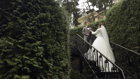 Newlyweds Caucasian Groom with Bride Stay on Stairs in Park Wedding Couple Man and Woman in Love