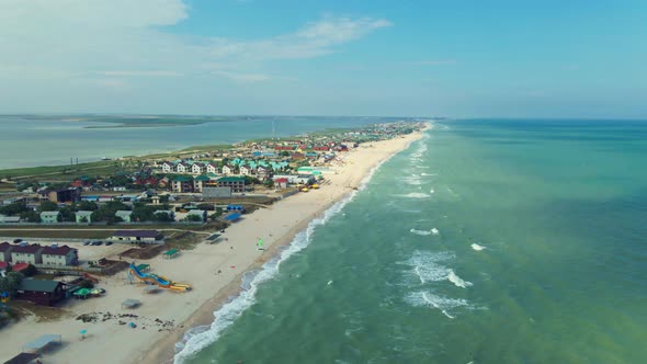 Aerial Drone Shot Narrow Long Island in Azov Sea with Long Sandy Beaches