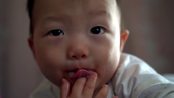 Cute baby put finger into mouth