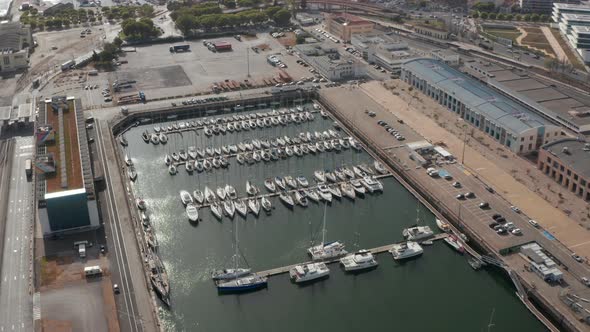 Aerial View of Boats and Yachts Moored in City Marina