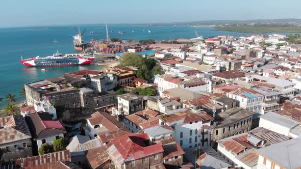 Aerial View of Stone Town Zanzibar City Slum Roofs and Poor Streets Africa