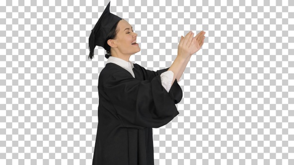 Graduation student woman applauding smiling, Alpha Channel