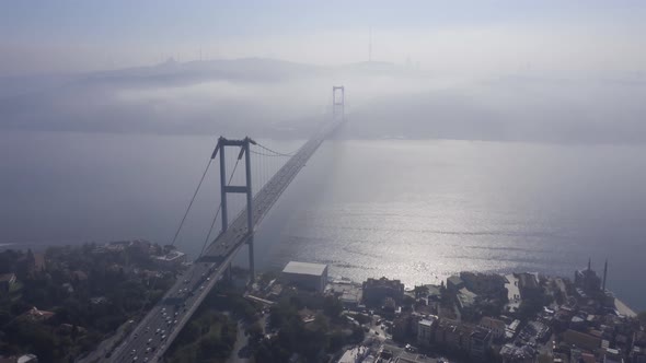 aerial hyperlapse video of bosphorus Bridge on a foggy day in Istanbul,Turkey, Martyrs bridge