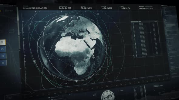 Digital software is searching for the location of the satellite on the world map alt