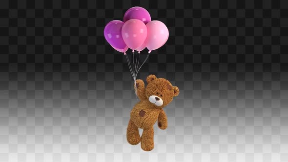 Teddy Bear Flies On Pink Balloons