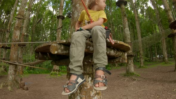 Action Camera Shot of a Little Boy in a Safety Harness Climbs on a Route in Treetops in a Forest