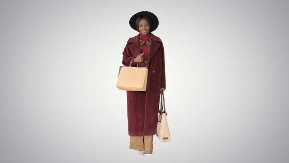 Gorgeous Woman in A Hat Posing with Shopping Bags Smiling