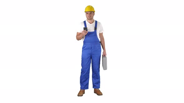 Factory Worker Employee Chatting Browsing Texting on Smartphone on White Background.