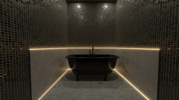 freestanding black bathtub illuminated from yellow led lights