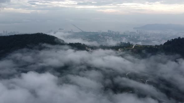 Aerial view Iconic Hill in low misty cloud