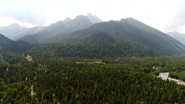 Aerial Panorama Wild Forest Green Mountains and River