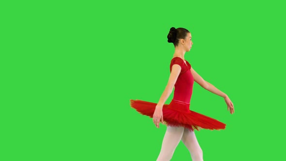 Young Ballerina in Classical Tutu Walks Demipointe on a Green Screen Chroma Key