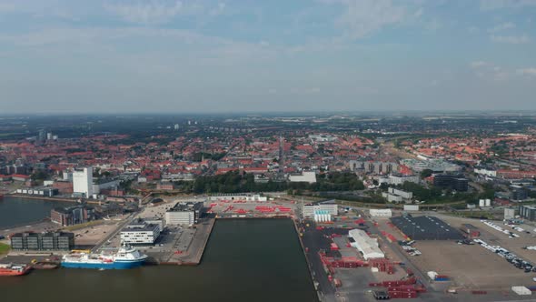 Flight Forward Over the Seaport of Esbjerg the Most Important of Denmark and North Sea