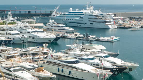 Mediterranean Sea Boats and Monaco Yacht Club Timelapse in Monte Carlo District Monaco