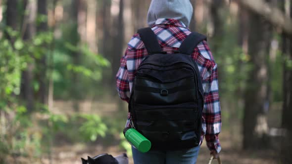 Back View Young Woman with Backpack and Basket of Mushrooms Walking with Dog in Forest in Slow