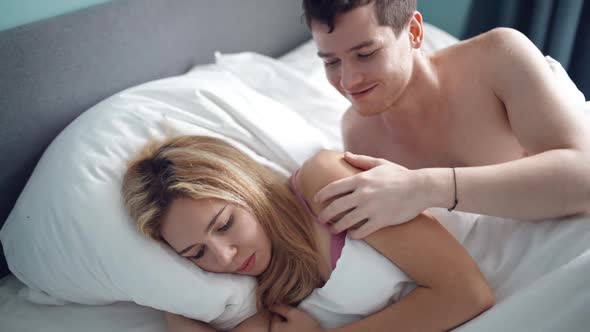 Sad Woman and Man Husband in Bed Lack of Sexual Activity in Family