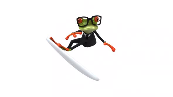 Fun 3D cartoon frog surfing with alpha channel